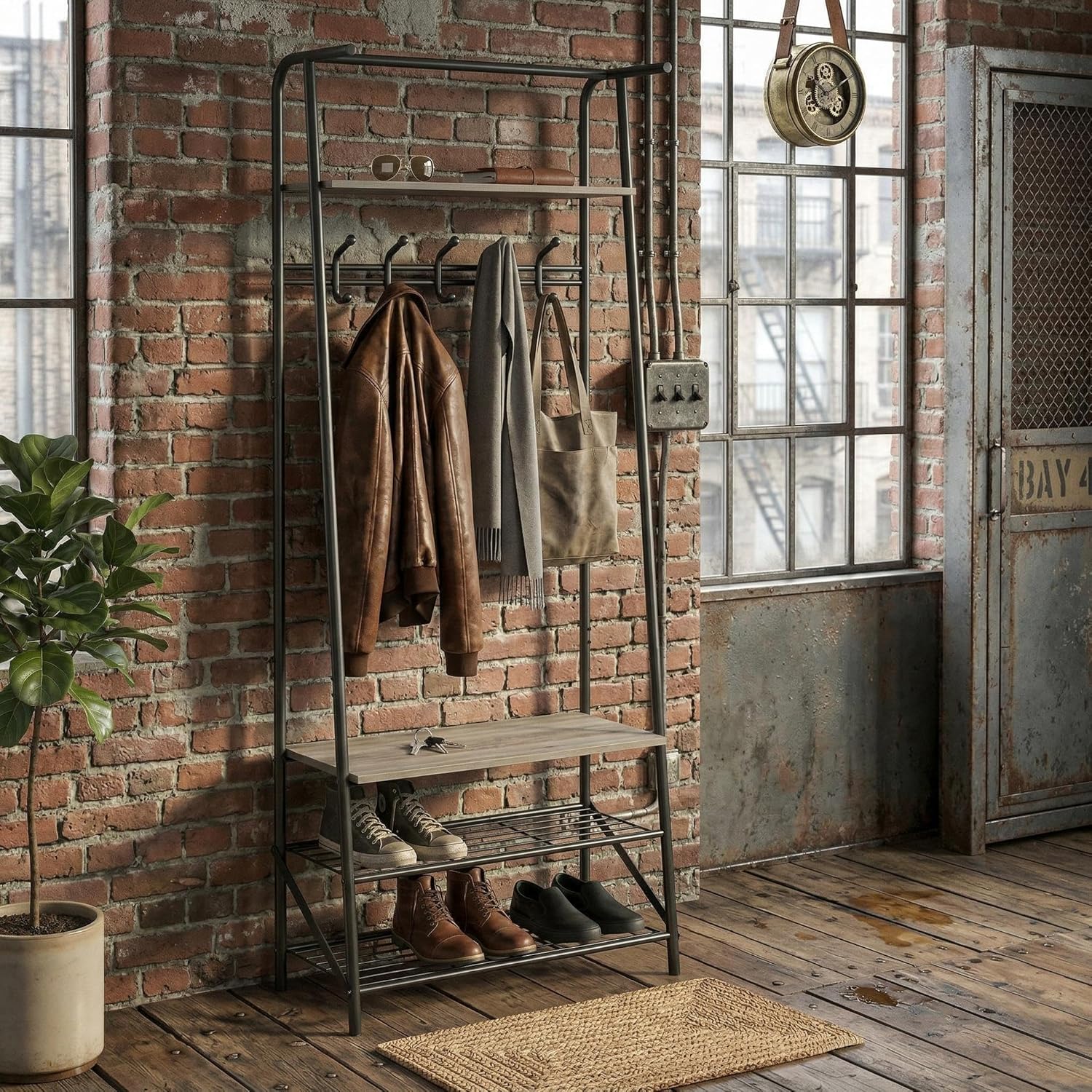 24" Grey Hall Tree with Bench and Shoe Storage, Single Row Hooks Coat Rack Freestanding Organizer, Heavy Duty Coat Rack with Shoe Storage, Coat and Shoe Rack Entryway Mudroom Bedroom