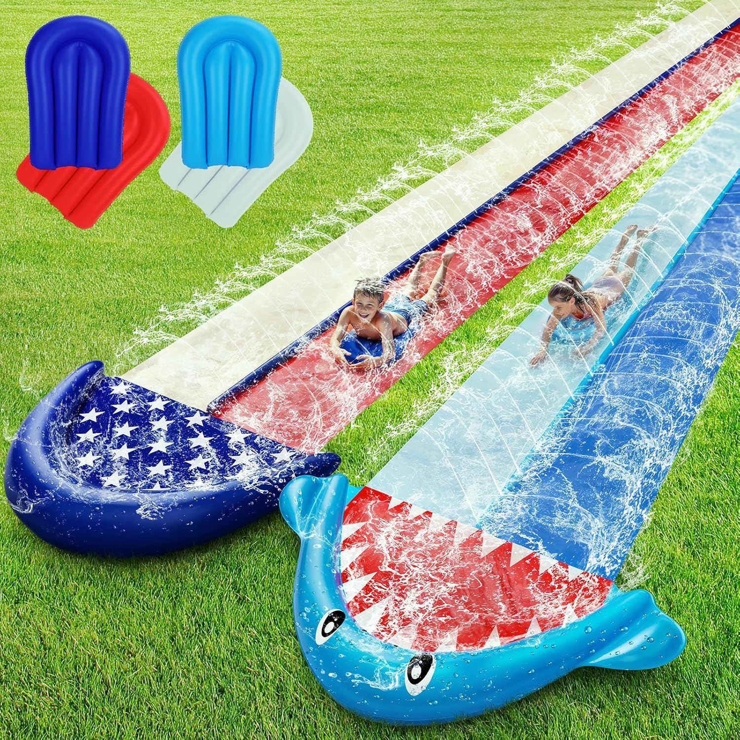TOY Life Giant Water Slides for Kids 20Ft Waterslide Backyards Lawn with 2 Bodyboards, 2 Lane Slip Splash and Slide Summer Toys with Built-in Sprinkler for Backyard Outdoor Water Toys Fun