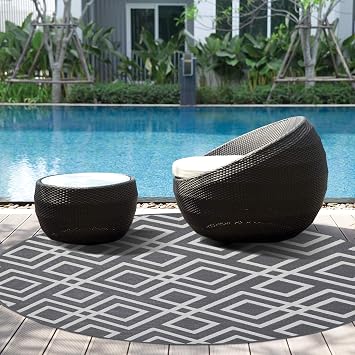 iCustomRug Inverso Outdoor Rug Collection, Reversible Plastic Area Rug Anti Fade, Fade Resistant for Patio, Balcony or Beach 66" Round Grey and White
