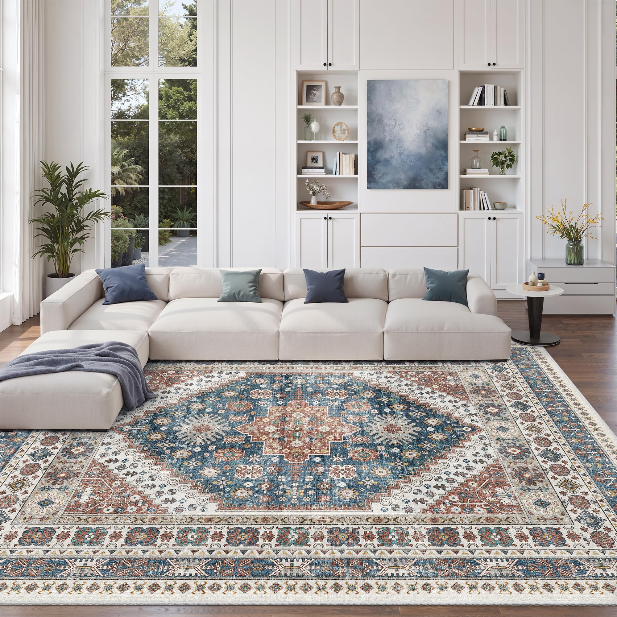zesthome 8x10 feet area rugs for living room,non-slip backing washable rugs,vintage large area rug stain resistant home decor rug (navy blue/red,8'x10')
