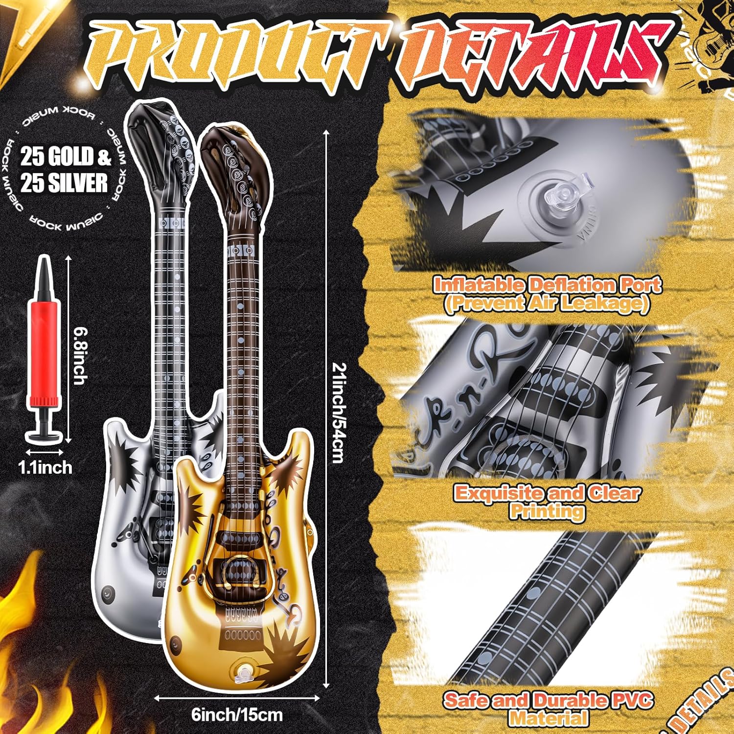 50 Pcs Inflatable Guitars for Parties Bulk 21 Inch Small Blow up Guitar with Inflator Gold and Silver Rock Instrument for Kids Birthday Rock and Roll Party Decorations Photo Booth Props