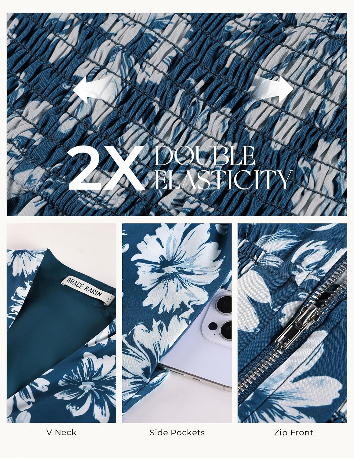 GRACE KARIN Womens Summer Maxi Floral Dress Casual 2026 Long Zipper Dresses Boho Flowy Beach Vacation Sundress with Pockets - Image 5