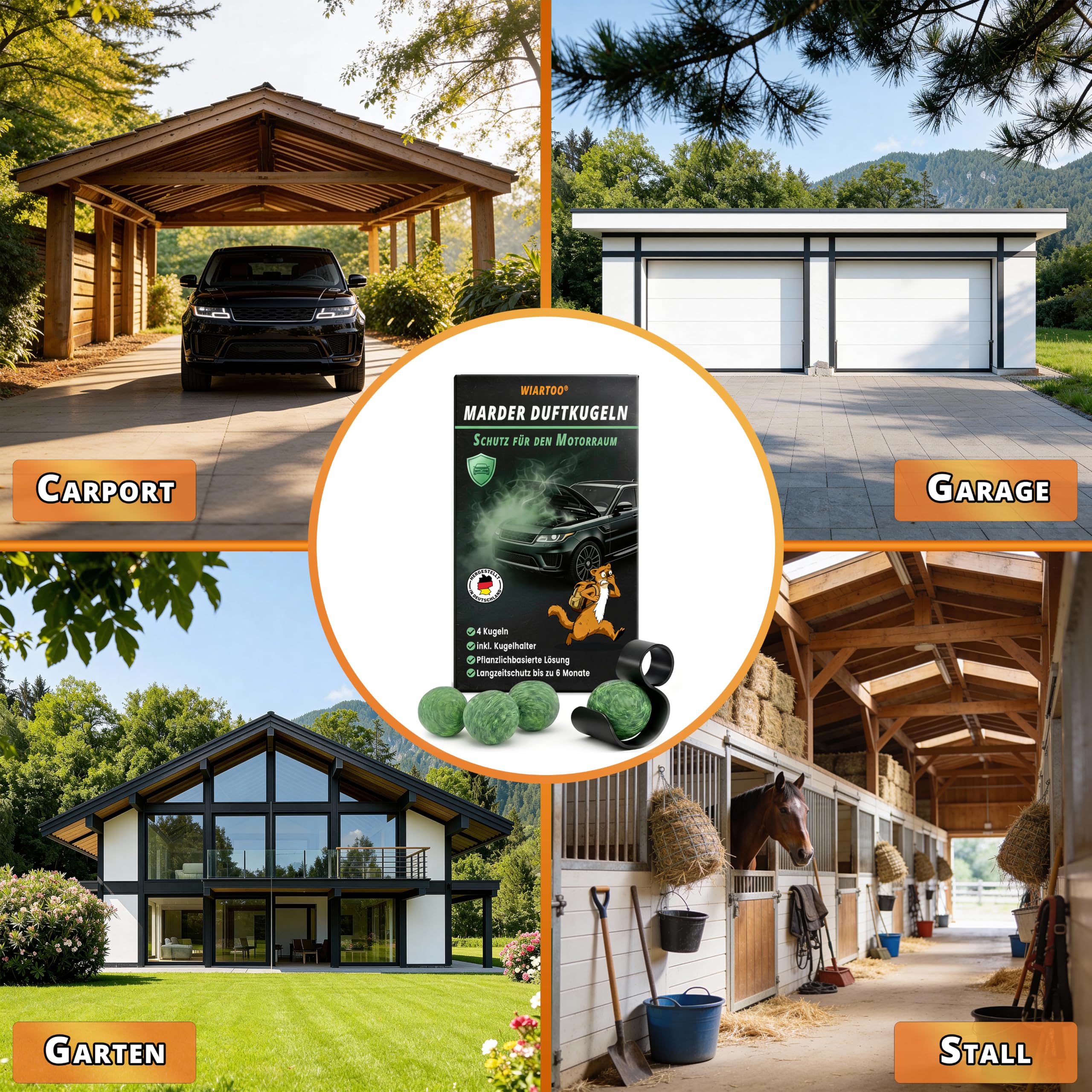 Spaventapasta martore auto – Repellente per martore con olio di eucalipto – espelle martore dal vano motore, sottotetto e garage – 4 sfere profumate + supporto a sfera – Protezione a lunga
