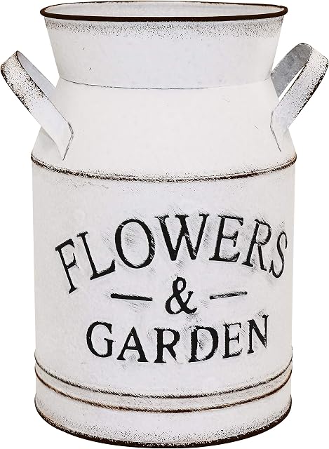 TTdayup White Distressed Flower Vase Galvanized Finish Pitcher Milk Can Jug Vase, Vintage Farmhouse Old Milk Can Shabby Chic Vases Rustic Metal Vase French Bucket Vase Country Decor Design - 7.9" H