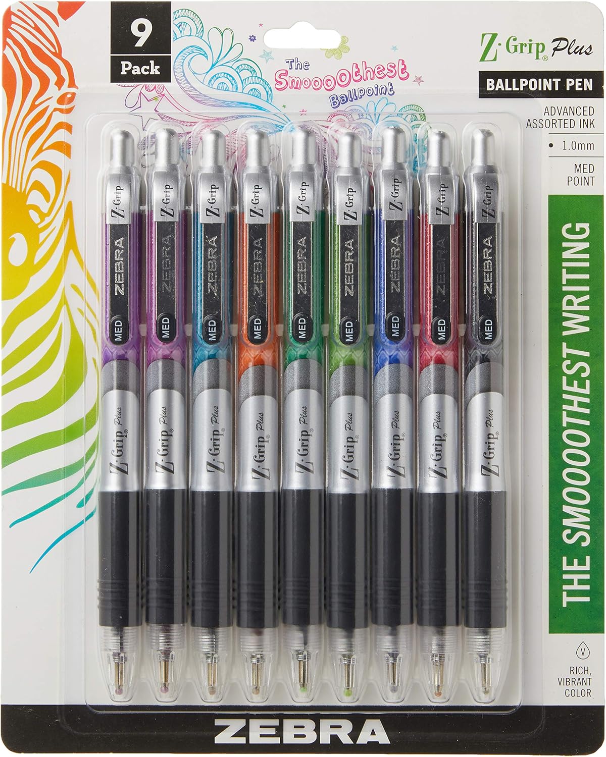 Zebra Pen 25509 Z-Grip Plus Ballpoint Retractable Pens, 1mm Point, Low Viscosity Ink, Non-slip Latex-free Z-grip, Assorted Colors, Pack of 9