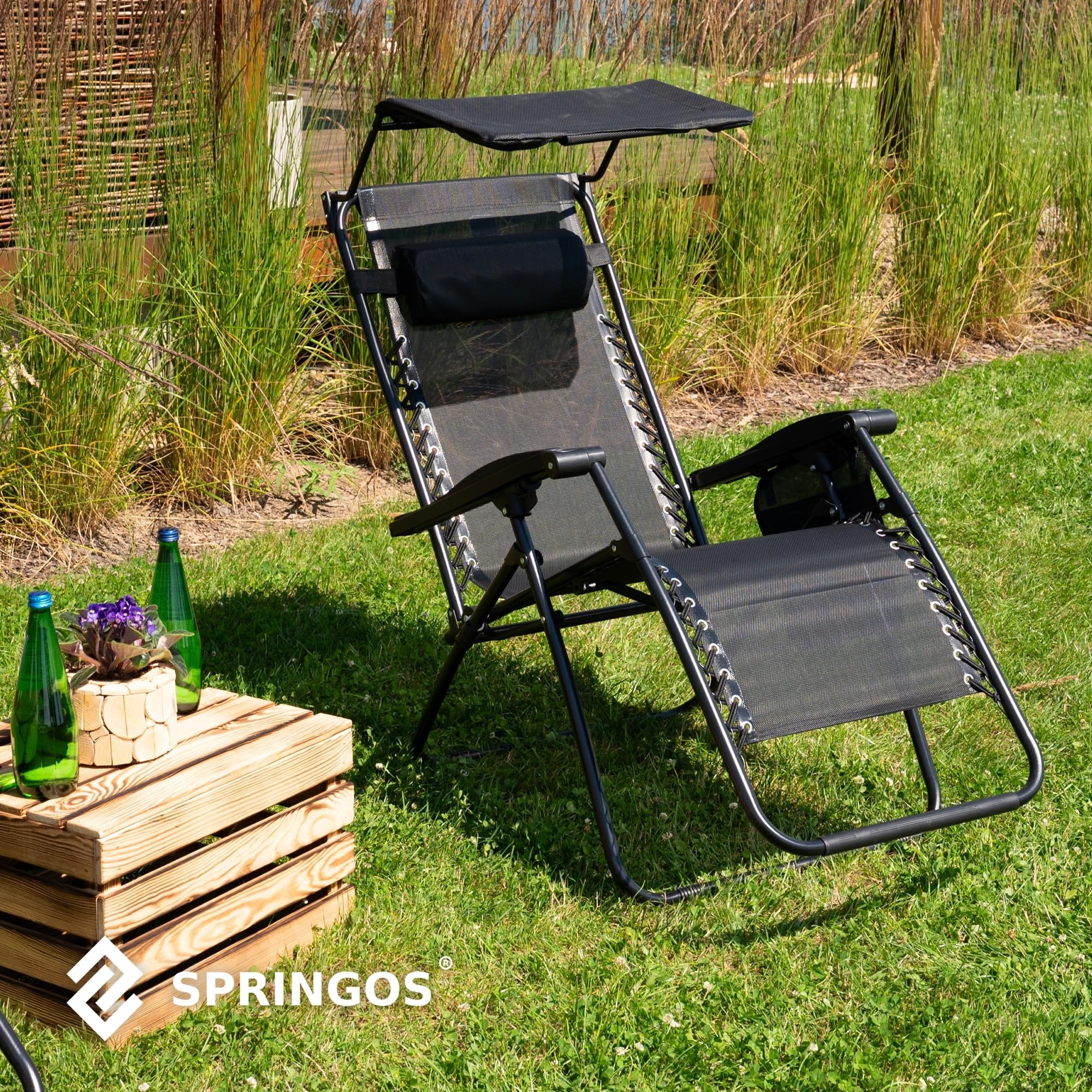 SPRINGOS Chaise Longue avec Pare- Soleil Chaise de Plage avec accoudoirs 62 x 110 cm