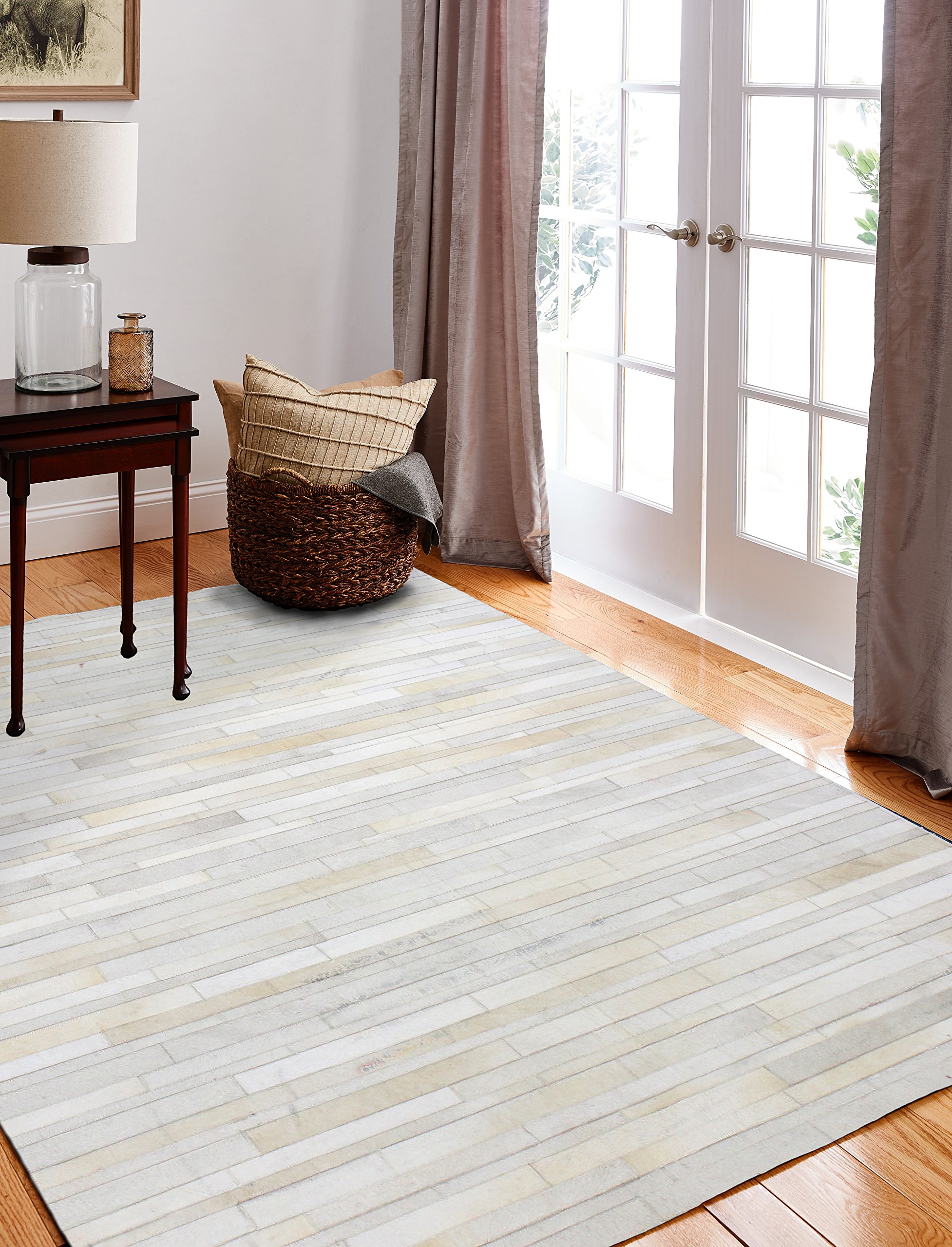 Bashian Santa Fe Collection H16 Hand Stitched Leather Area Rug, 8x10, Ivory