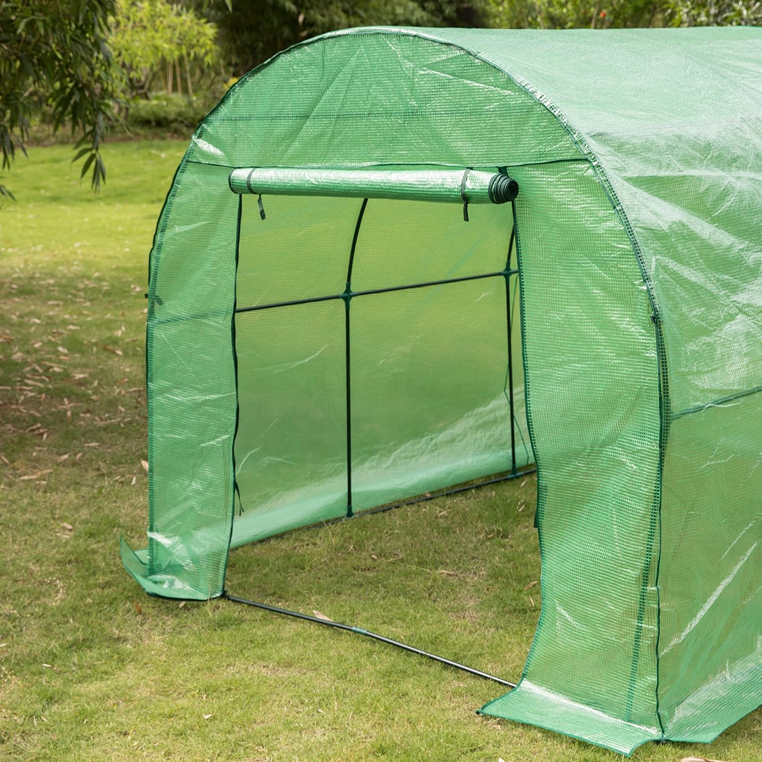 Gardenised 10 FT Green Outdoor Portable Garden Plant Walk-in Greenhouse Tunnel and Garden Plant Hot House with Roll-up Zipper Door Waterproof