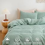 FANSTIVE Reine de couverture de duvet Gingham vert, 3 Pièces Microfibre Extra Soft Respirant Plaid Checkered Grid Mignon Couvercle de Couleur avec 1 Couverture de coudée et 2 Carcasses d'oreillers