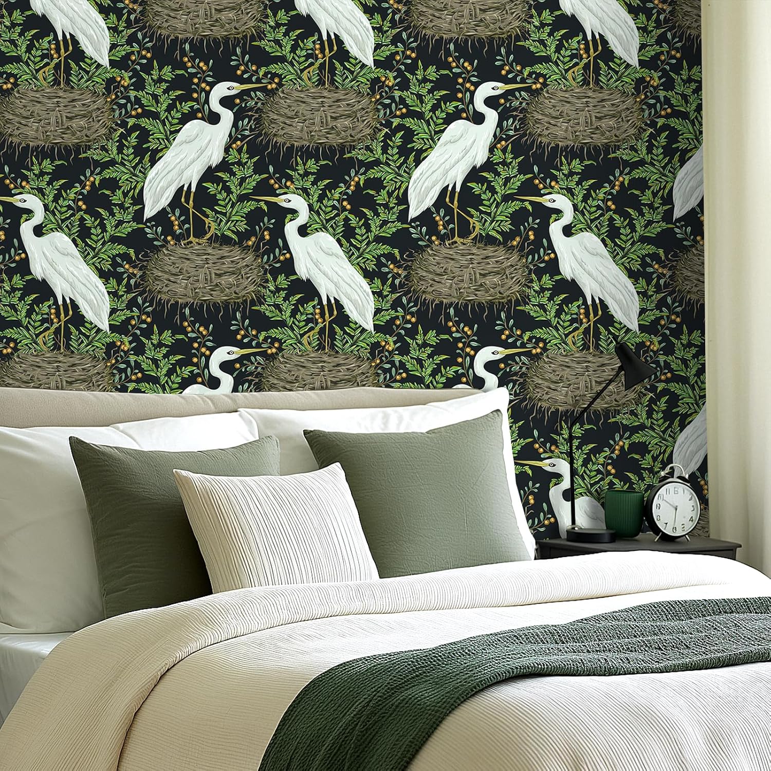 Yenhome 17.5"X276" Vintage Botanical Bird Wallpaper Stick and Peel Prepasted White Crane Wallpaper Chinoiserie Green Plants Bird Wall Paper Peel and Stick Vintage Contact Paper for Cabinet Shelve Wall