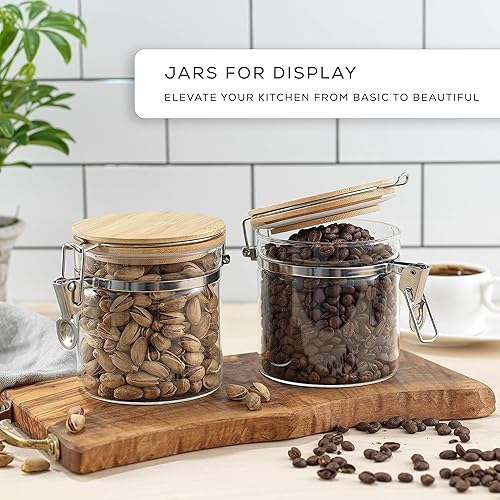 Miniatura 6 de JoyJolt Tarros de vidrio con tapas de bambú (19 onzas líquidas). Juego de 2 tarros de almacenamiento herméticos con tapas de abrazadera para