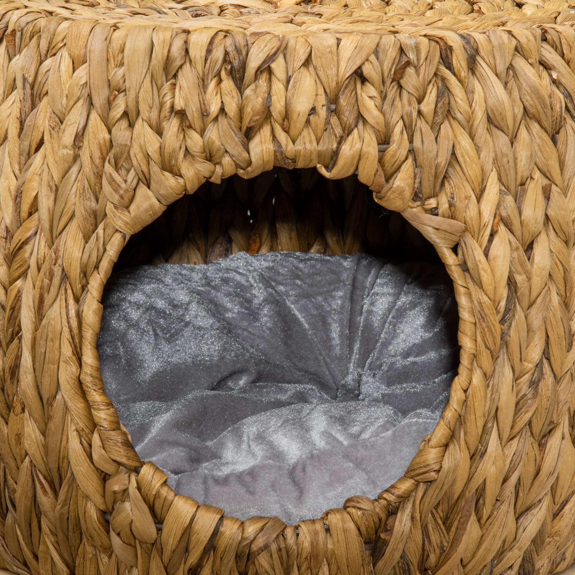 PawHut Taburete de mimbre para la casa del gato, cama de ratán para uso en interiores y exteriores, cama elevada para mascotas con cojín suave lavable 44 x 43 x 41 cm | Cama de ratán para gatito, uso en interiores y exteriores, cojín suave y lavable