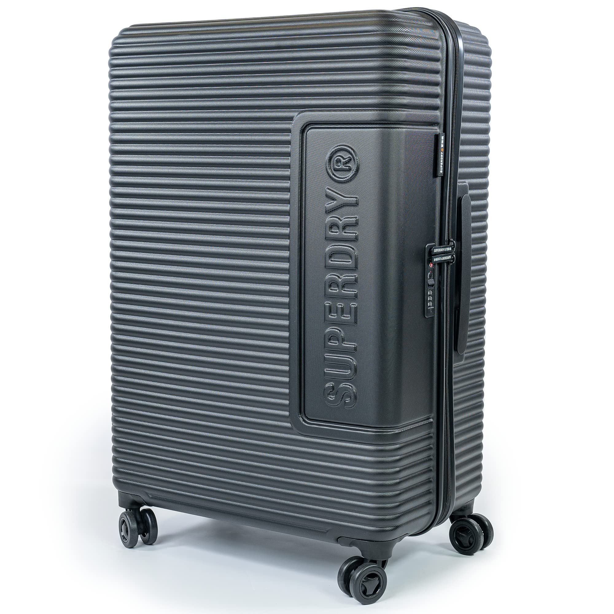 Superdry Hard Shell Travel Suitcases - Lightweight, Robust, TSA Locks, with 8 Smooth Spinner Wheels, Telescopic Trolley, Clothing Retention Straps & High Cap Luggage (Black/Black, Small)