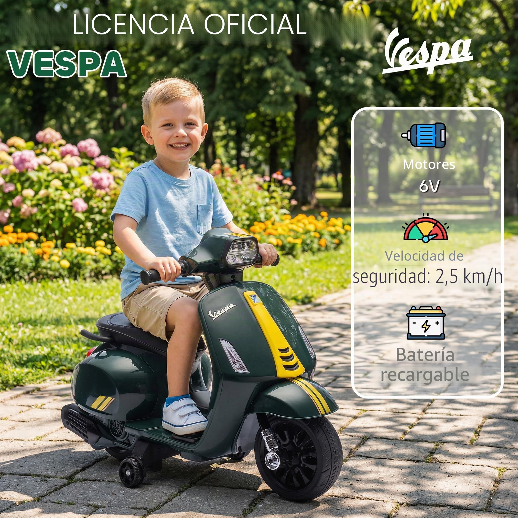AIYAPLAY Moto Eléctrica para Niños 6V, Vespa con Licencia Oficial, con Ruedas de Aprendizaje de 17,5 cm, Velocidad 2,5 km/h, Faro y Bocina, para 2-6 Años, Verde Oscuro