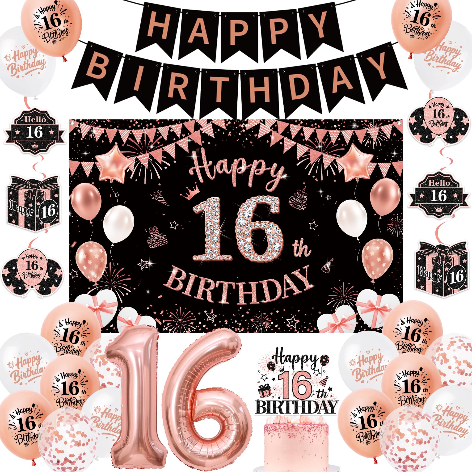 16th Birthday Decorations for Girls, Happy Birthday Banner Latex Balloons