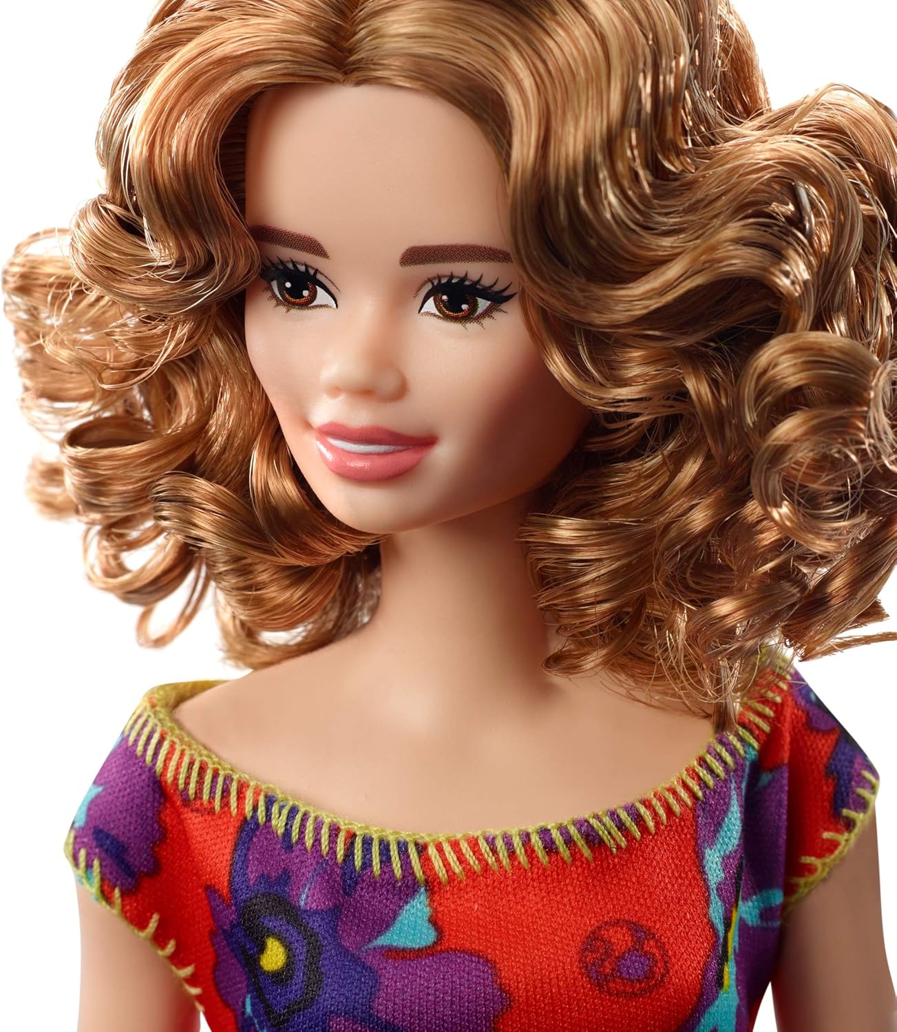 Barbie GBK92 Doll, Light Auburn Curly Brunette Wearing Red and Purple Floral Dress