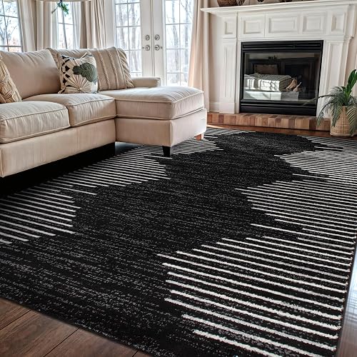 Rugshop Bohemian Stripe Stain Resistant High Traffic Area Rug Black 5' x 7'