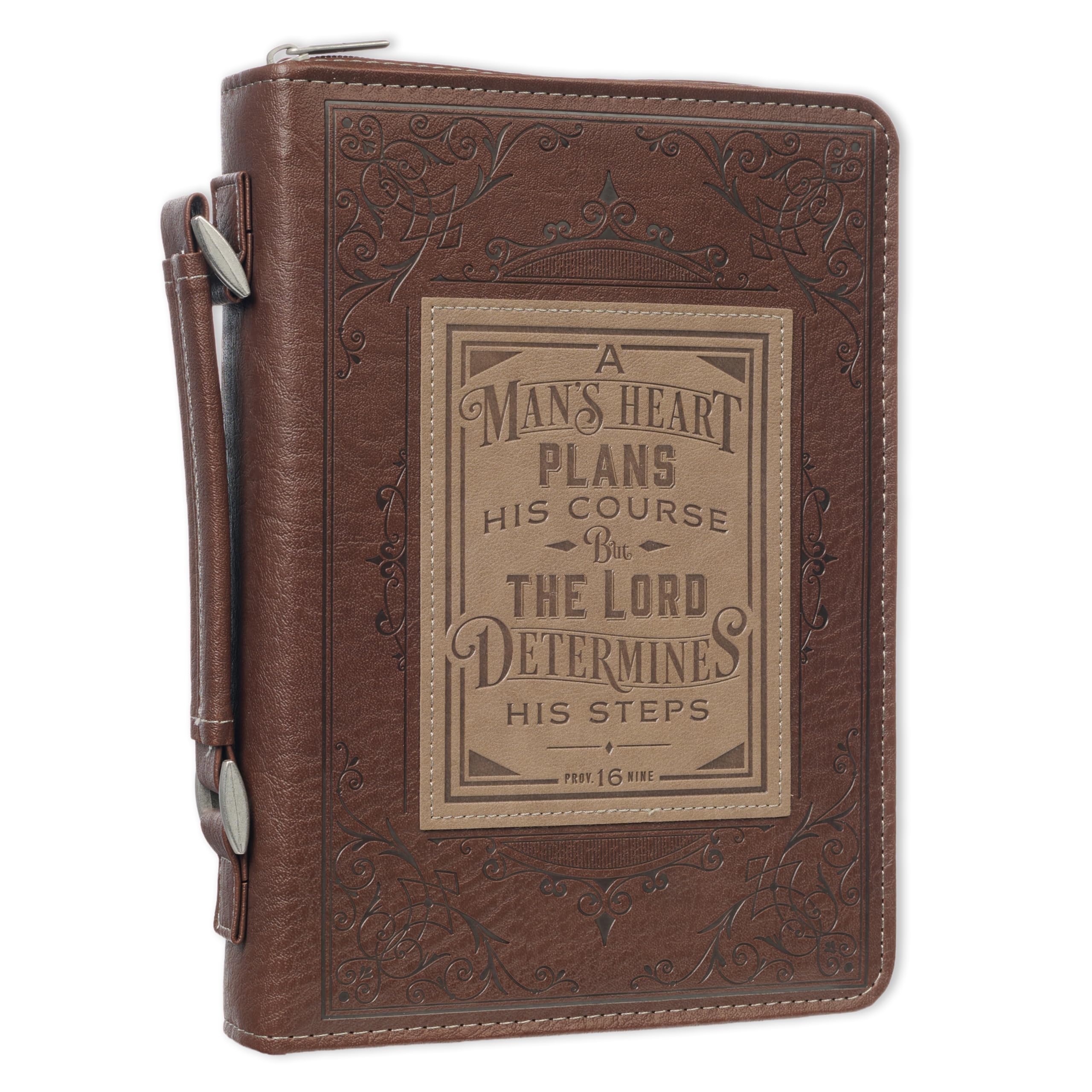 Christian Art Gifts Brown Faux Leather Classic Bible Cover | A Mans Heart - Proverbs 16:9 | Medium Bible Case Book Cover for Men/Women