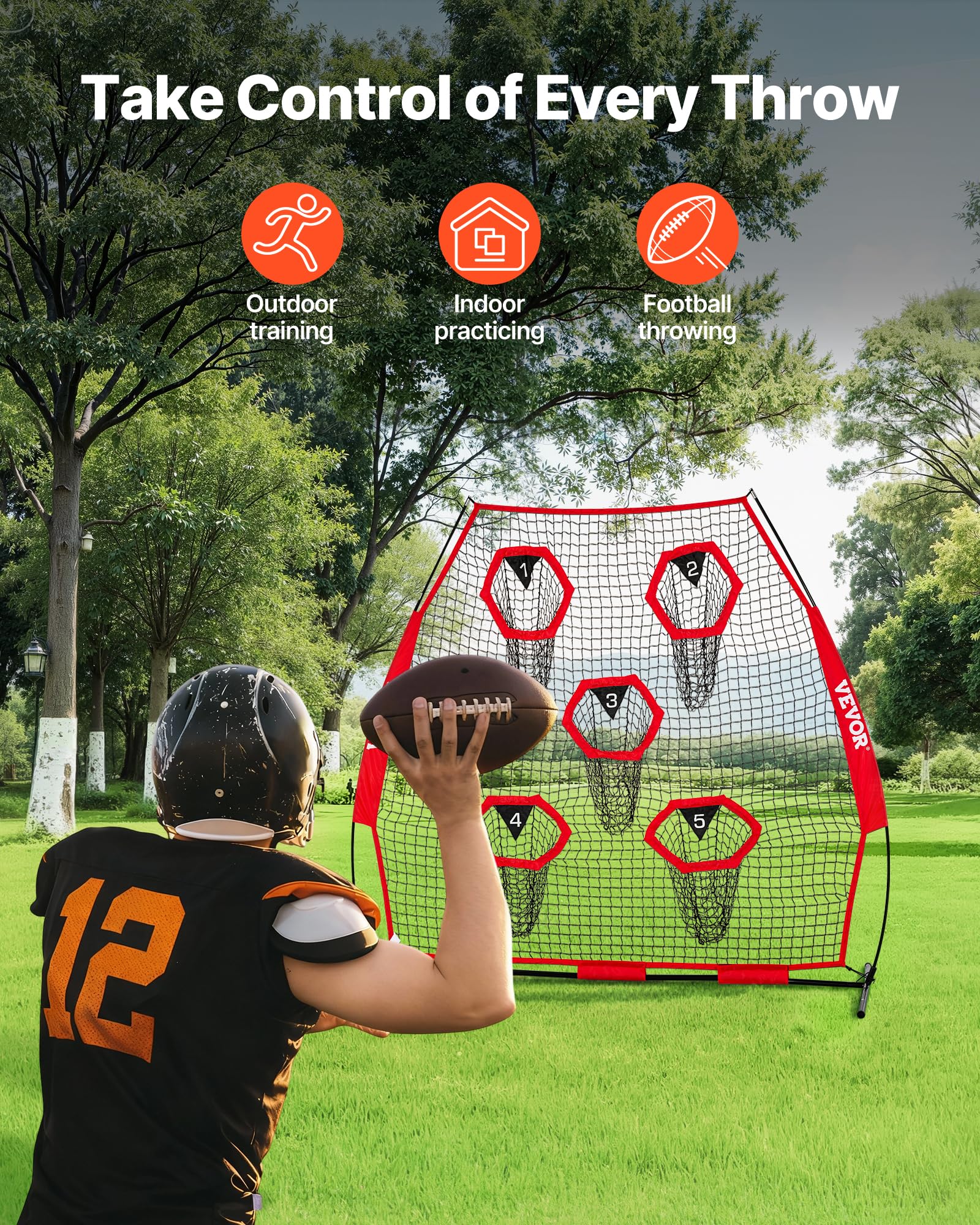 VEVOR Filet de lancement pour entraîneur de football de 2,1 x 2,1 m, filet d'entraînement avec 5 poches pour cible, filet sans nœuds avec sangles et étui de transport portable, améliore la précision