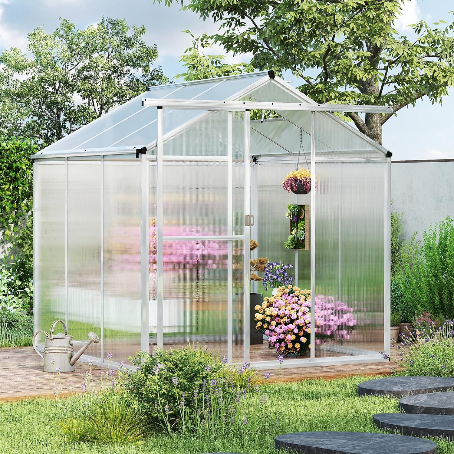 Happygrill Greenhouse, 6 x 6 x 6.5 FT Outdoor Polycarbonate Greenhouse w/ Sliding Door, Adjustable Roof Vent, Rain Gutter, Heavy-Duty Aluminum Greenhouses for Outdoors, Garden,Backyard, Patio, Lawn