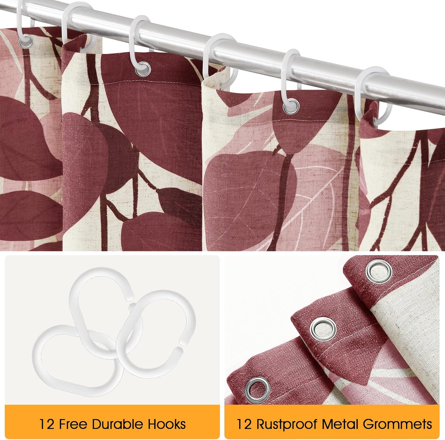 BOODII Linen Shower Curtain for Bathroom Eucalyptus Leaves Shower Curtain Set with Hooks Watercolor Floral Plant Leaf for Bath Natural Waterproof Fabric Bathroom Decor Burgundy, 72x72