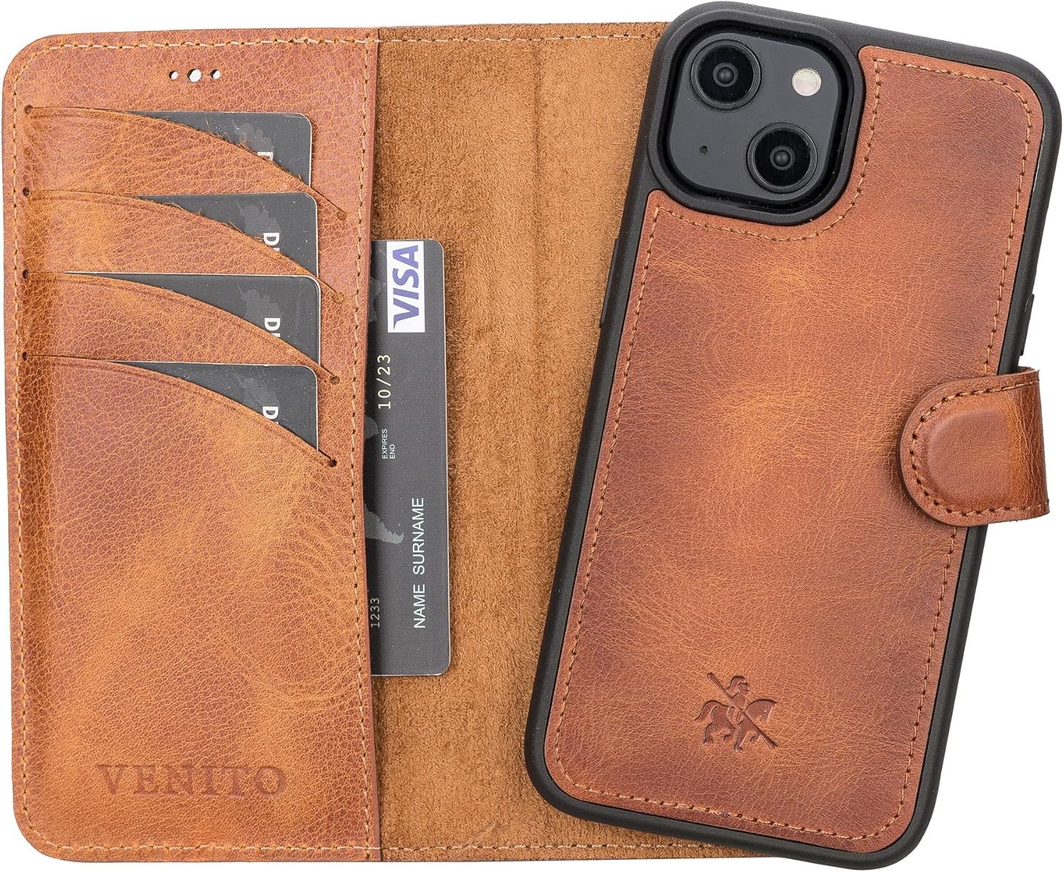 Venito Slim Magic Leather Wallet Case for iPhone 14 Case Detachable iPhone Wallet for iPhone 14 (6.1") (Antique Brown)