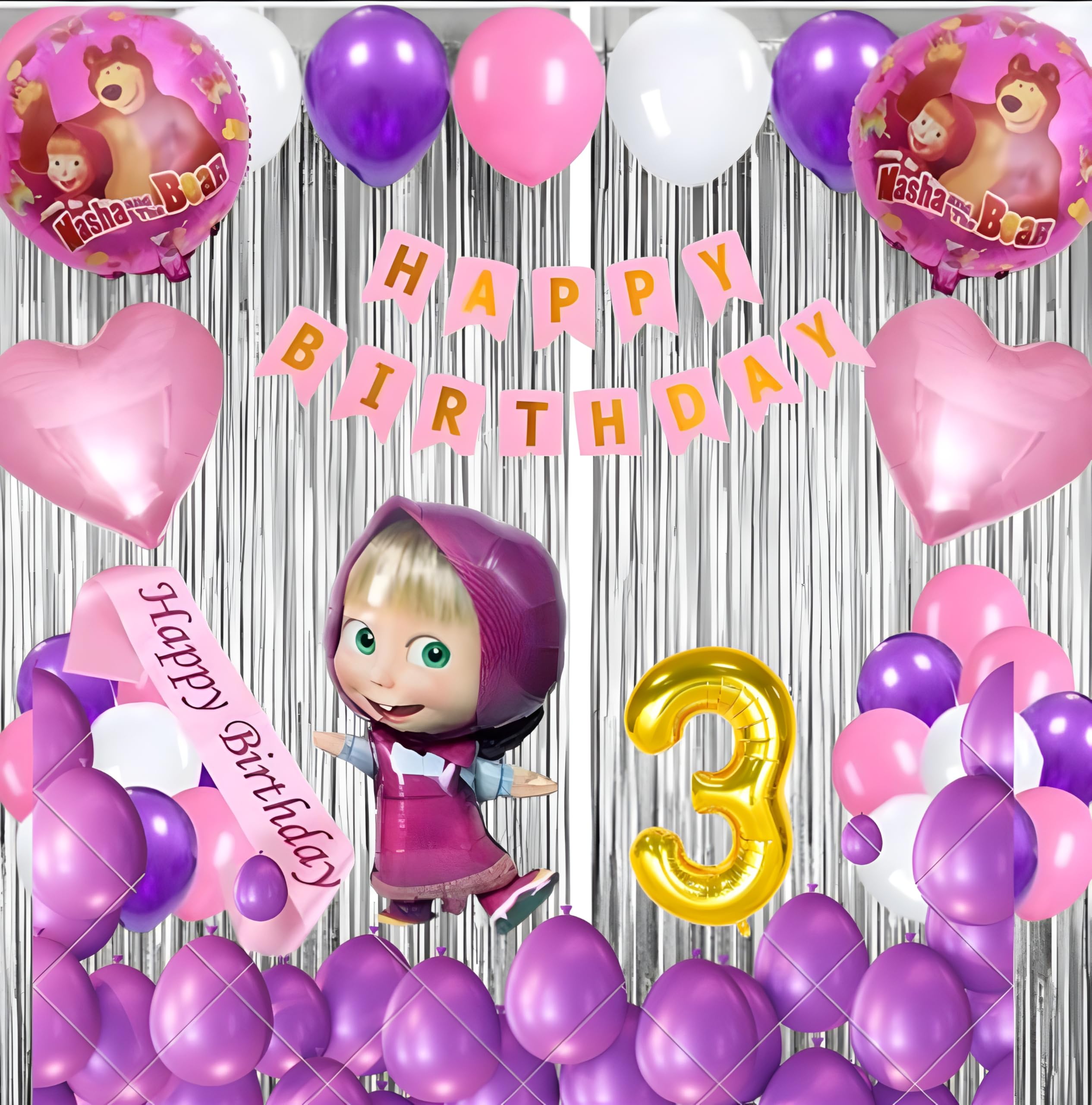 GROOVYDUDZ Birthday Decoration Kit for Girls - 52 Pcs | Masha Theme Party Supplies | Happy Birthday Banner, Balloons, Curtains, Foil Numbers, Masha Foil Balloon, Heart Balloons, Sash & More (3 Year)-image-45