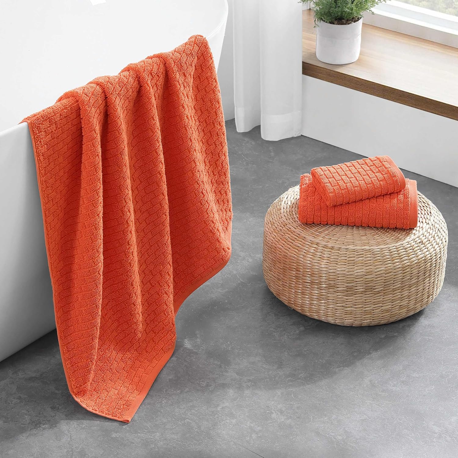 Tommy Hilfiger - Bath Towel Set, Absorbent Cotton with Zero Twist Construction, Medium Weight, Dorm Essentials, Oeko-Tex Certified (Brick Texture Orange, 6 Pack)