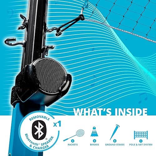 Miniatura 2 de Franklin Sports Beach + Juego de voleibol de patio trasero + juego de bádminton con altavoz, red Bluetooth + juego de poste - con bomba, altavoces