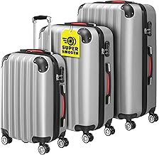 Monzana® 3tlg. Kofferset Baseline Hartschalen Koffer M-L-XL Gel-Griffe 4 Rollen Kantenschutz Schloss Standfüße Trolley Rollkoffer Reisekoffer Silber