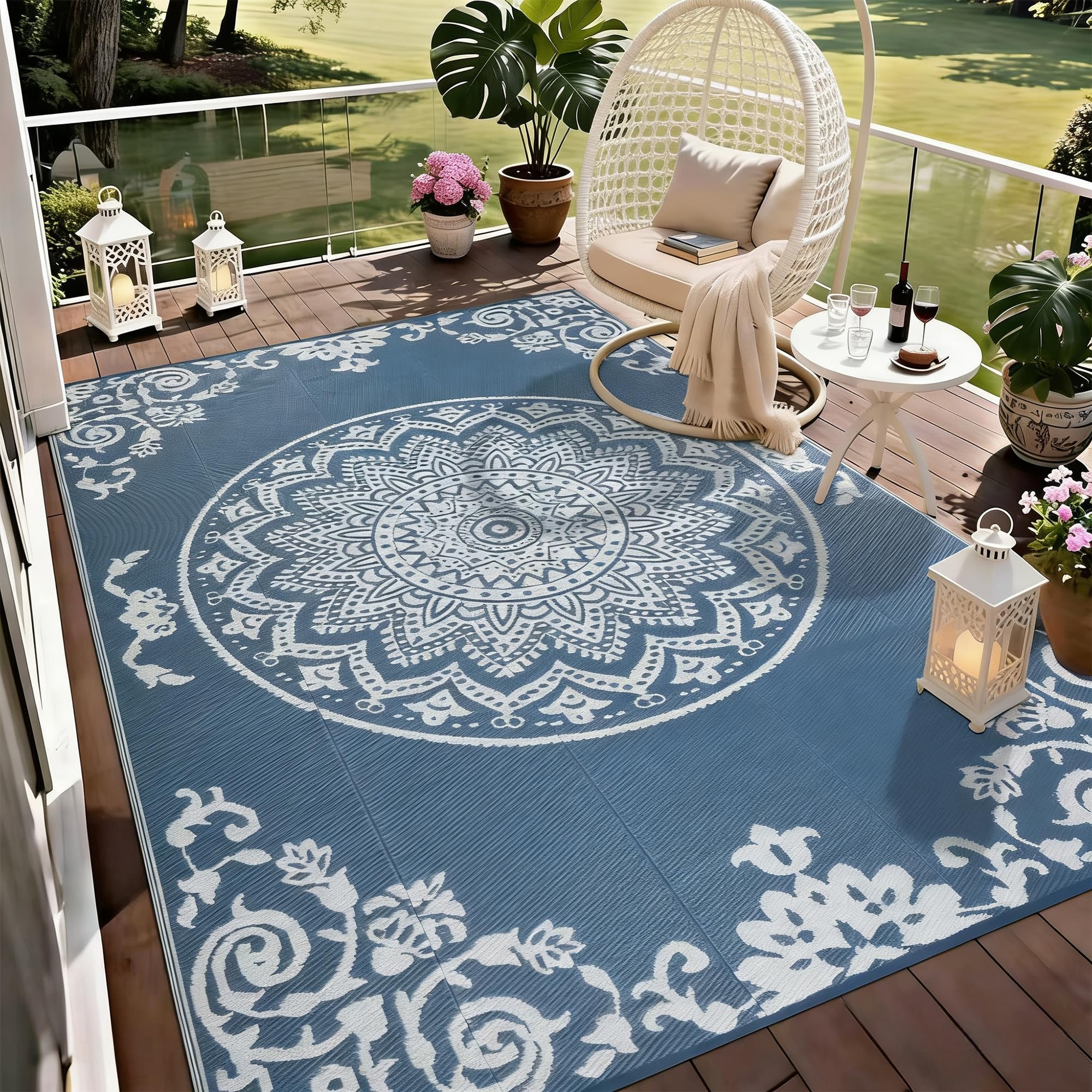 Homcomodar Tapis Exterieur Resistant Pluie Réversible 180x270cm Tapis Exterieur Terrasse Tapisextérieur pour Balcon, Terrasse, Jardin, Camping, Pique-Nique（Bleu& Blanc ）