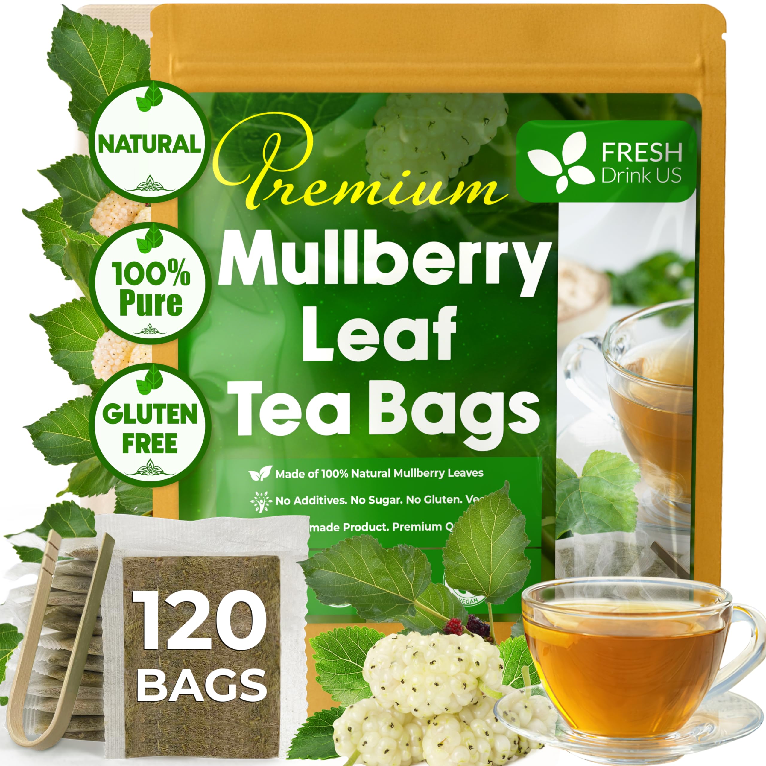 FreshDrinkUS Premium 120 Mulberry Leaf Tea Bags, 100% Natural & Pure. Loose Leaf Herbal Tea. Made with Natural Material Tea Bags. No Sugar, No Caffeine, No Gluten, Vegan