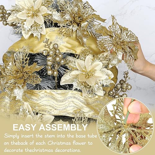 Miniatura 3 de Juego de 24 decoraciones doradas para árbol de Navidad, flores de Pascua artificiales, juego de decoración de cinta de Navidad para árbol de Navidad