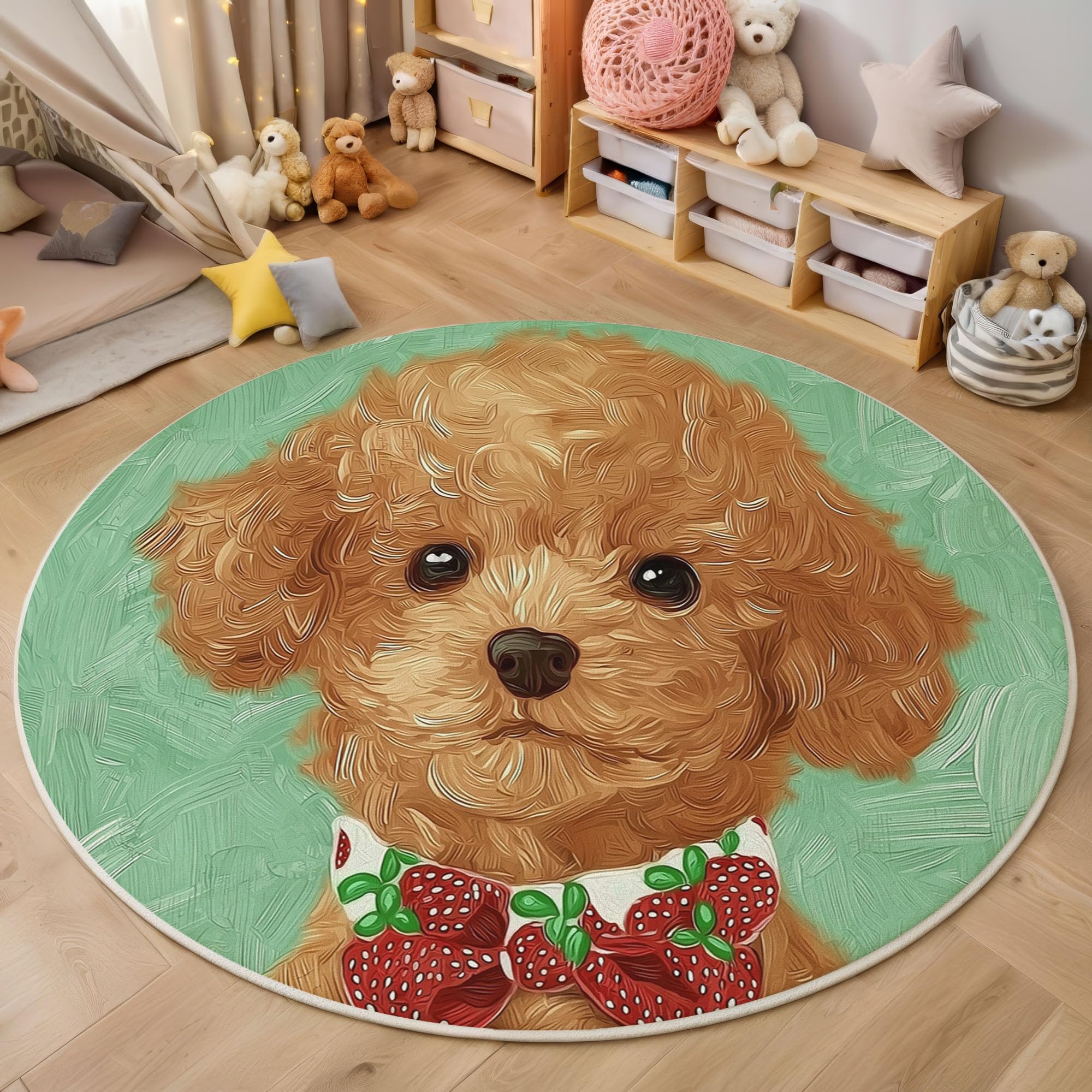 Tapis rond motif fraise caniche lavable antidérapant 80cm