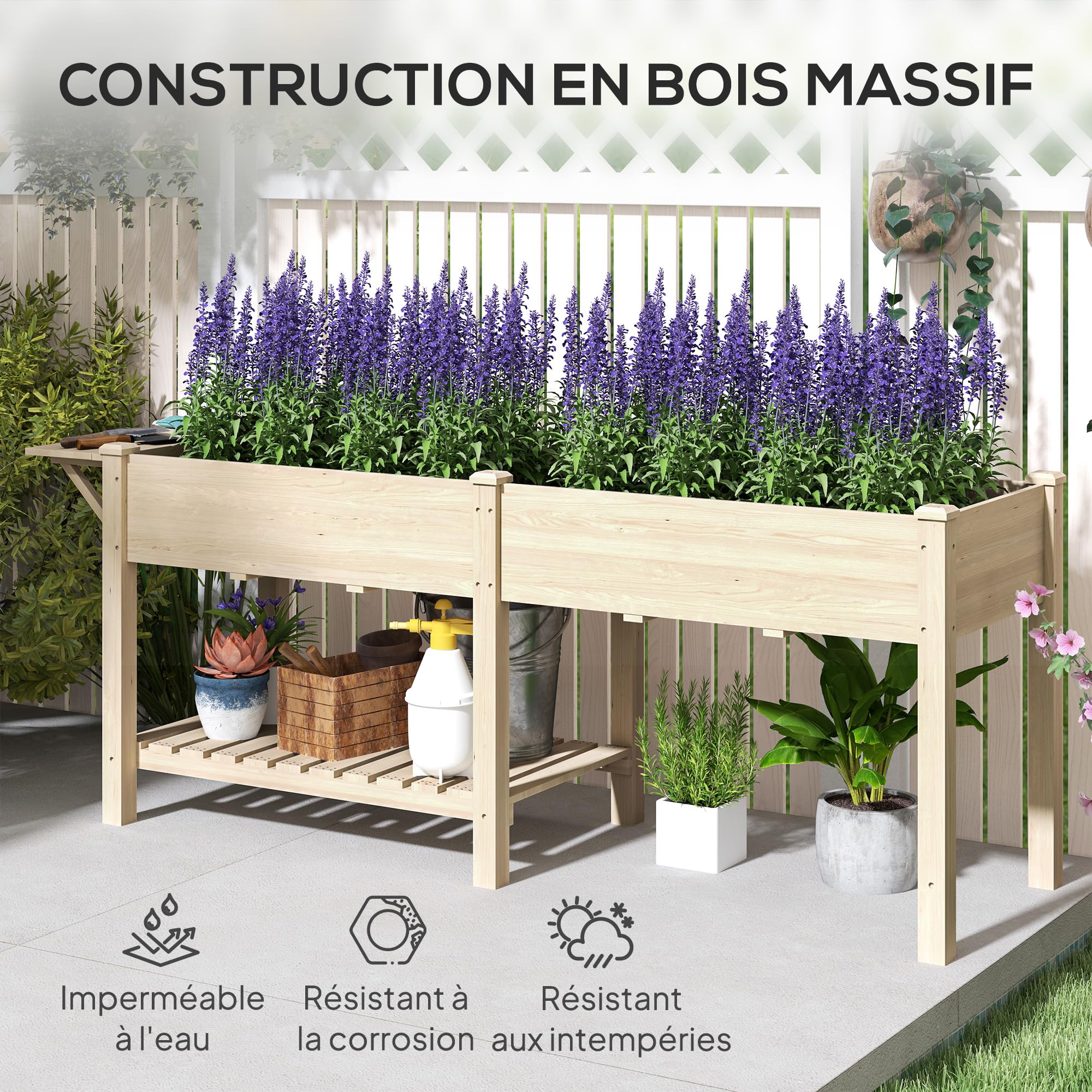 Outsunny Jardinière sur Pieds 2 Bacs 207 x 59 x 78 cm Bois Naturel | Carré Potager de Jardin sur Pieds, 2 Bacs avec Séparateur, Tablette Pliable, Potager Surélevé en Bois pour Fleurs