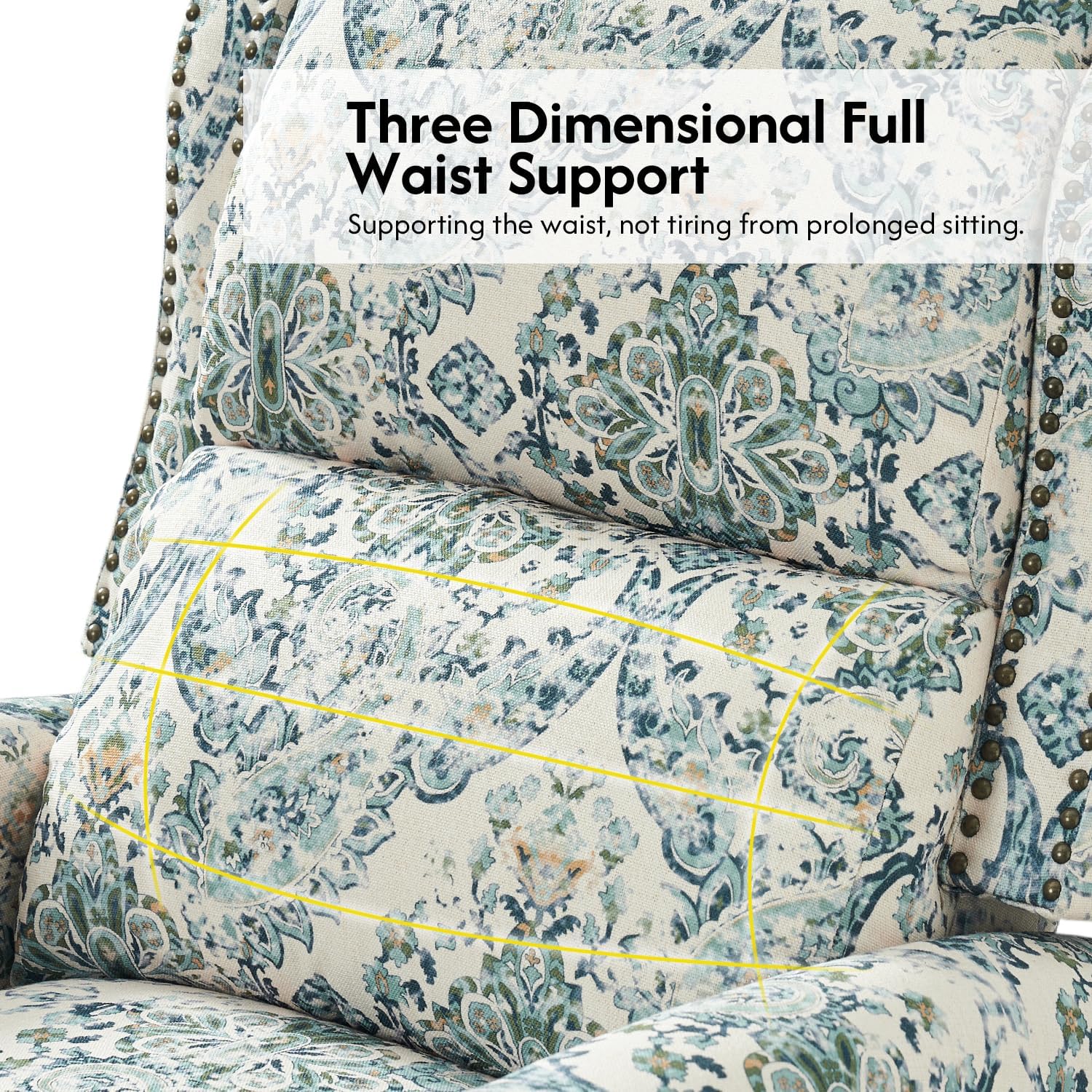 Pushback Recliner Chair, Upholstered Floral Fabric Wingback Chair, Single Sofa Accent Chair with Wood Legs and Rivet Decoration for Living Room Bedroom, Blue