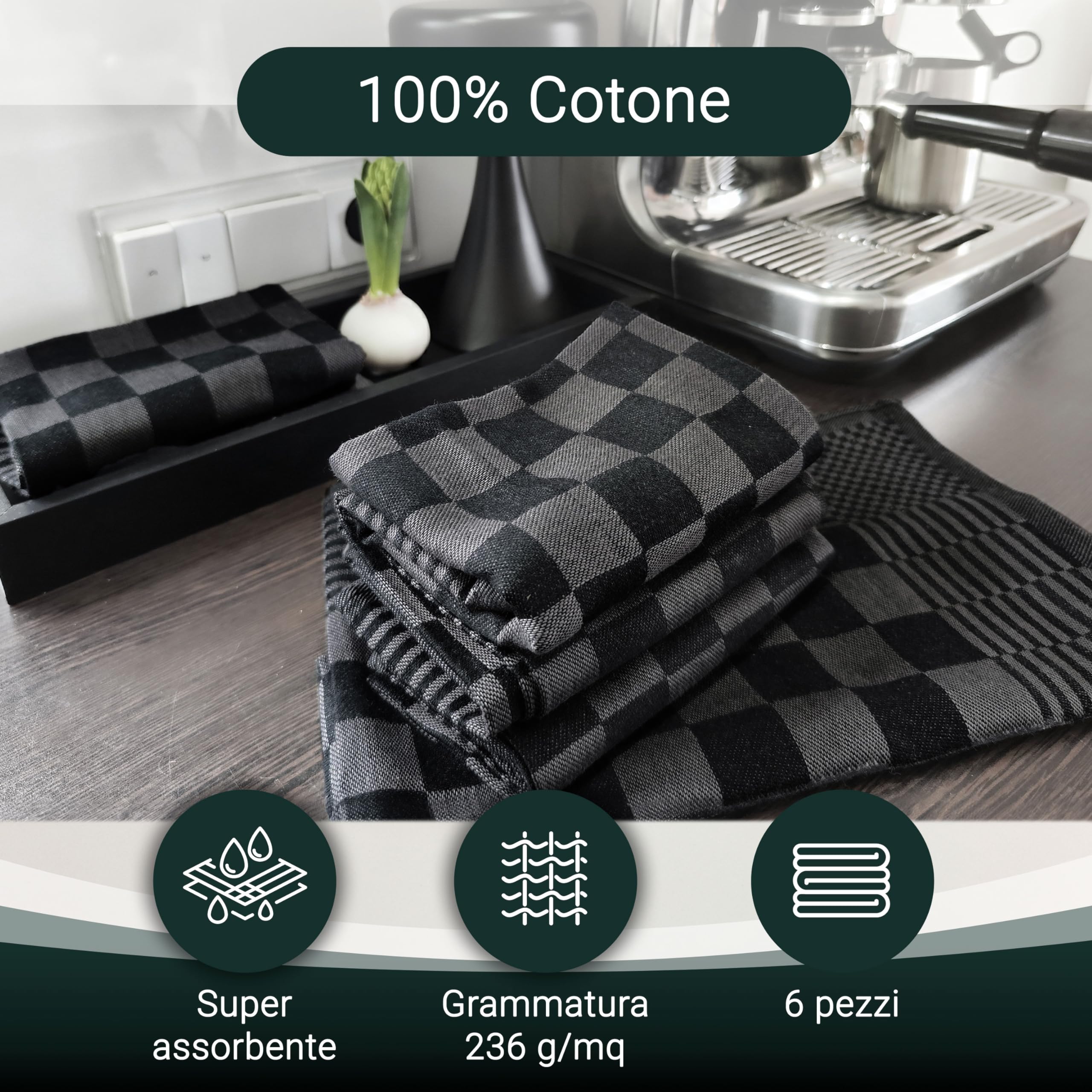ZOLLNER 6 Strofinacci in cotone - canovacci da cucina 65x65 cm - torcioni super assorbenti e robusti - asciughini lavabili a 60°C - neri - qualità gastronomica - certificato OEKO Tex (R)