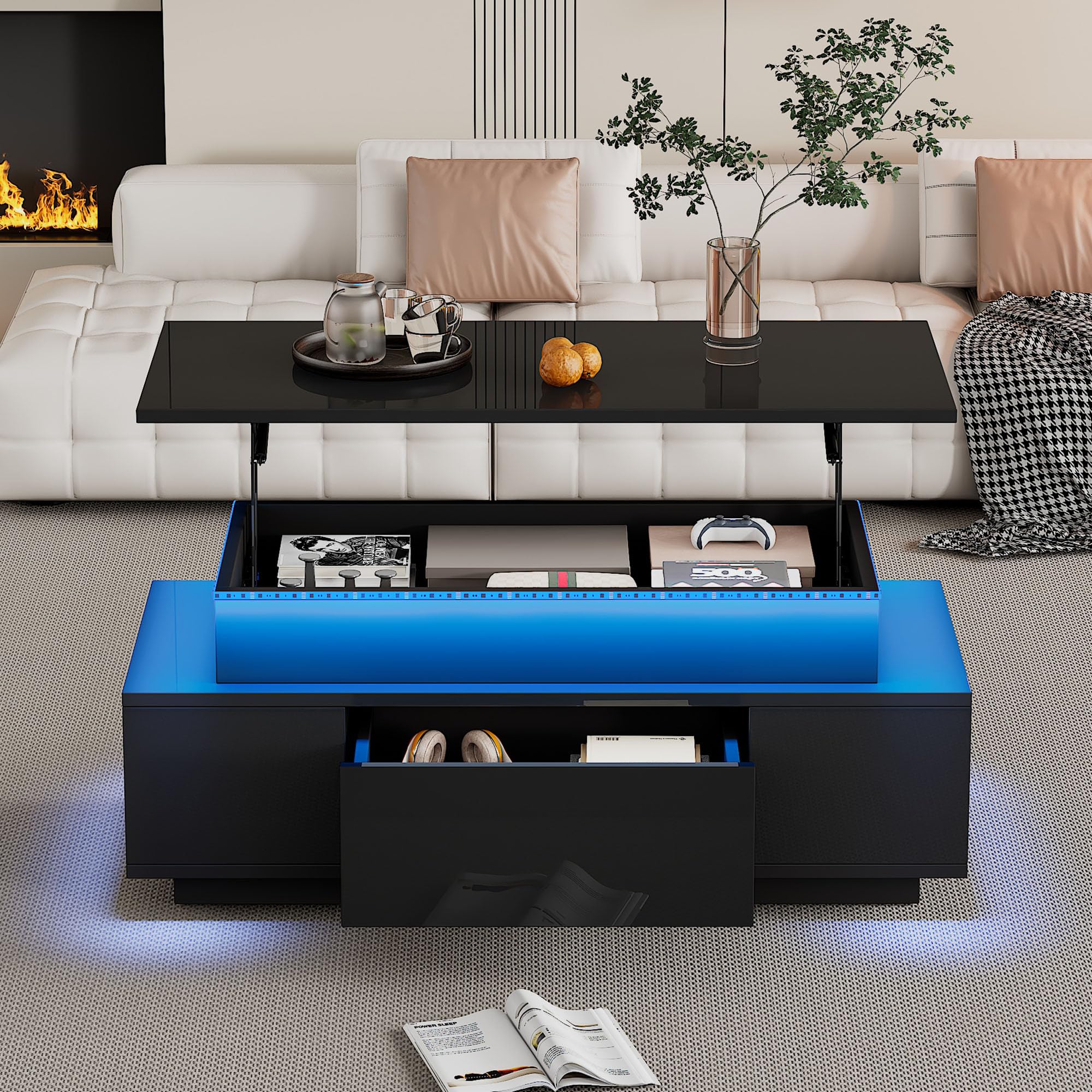 BTM Lift-Top Coffee Table, Highgloss Centre Table with 1 drawers & LED lights, Hidden storage space, Lifting Sofa Side Table, Space-saving End Table,Tea Table,for livingroom, office, 96*45*40m, black