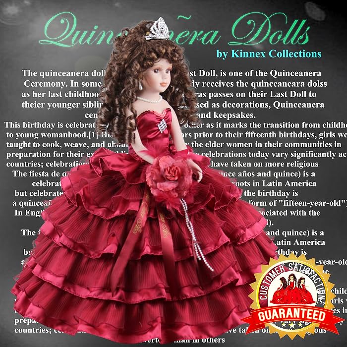 KINNEX 18" Porcelain Quinceanera Umbrella Doll - Rose Gold, Last Doll For Sweet 15 Party, Centerpiece