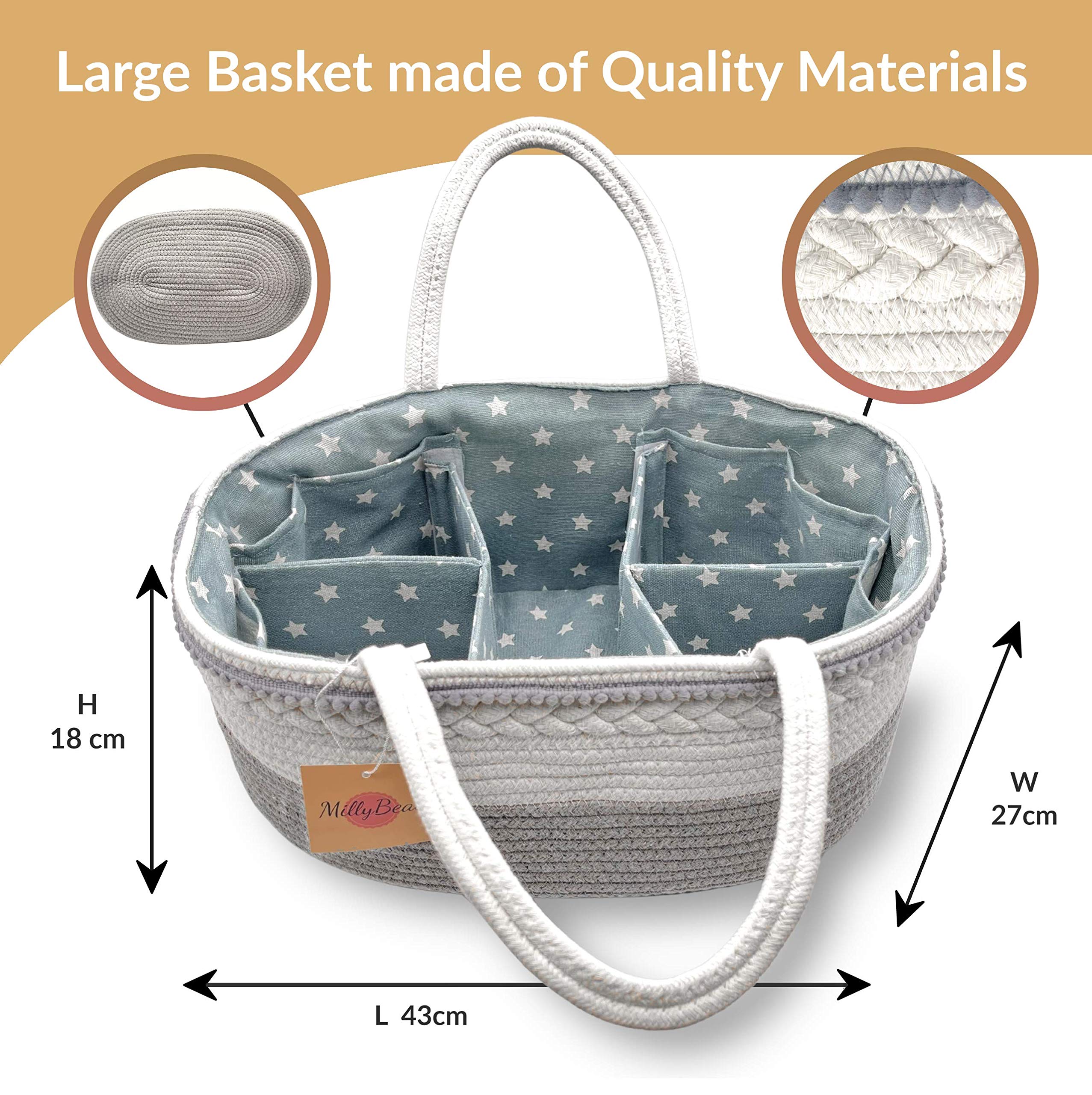 Millybeas Baby Nappy Caddy Organiser, Cotton Rope Basket for Diaper