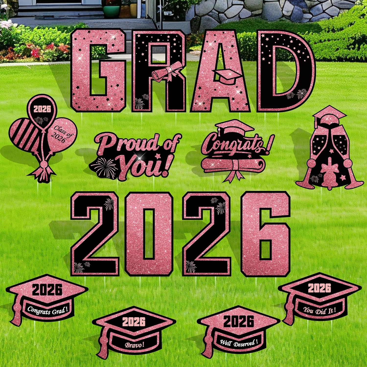 16 Pcs Graduation Yard Signs Class of 2026, 16.1" Large Black Gold Graduation Yard Sign with Stakes, Congrats Grad Sign for Graduation Party Decorations 2026, Outdoor Grad Decor for College High School