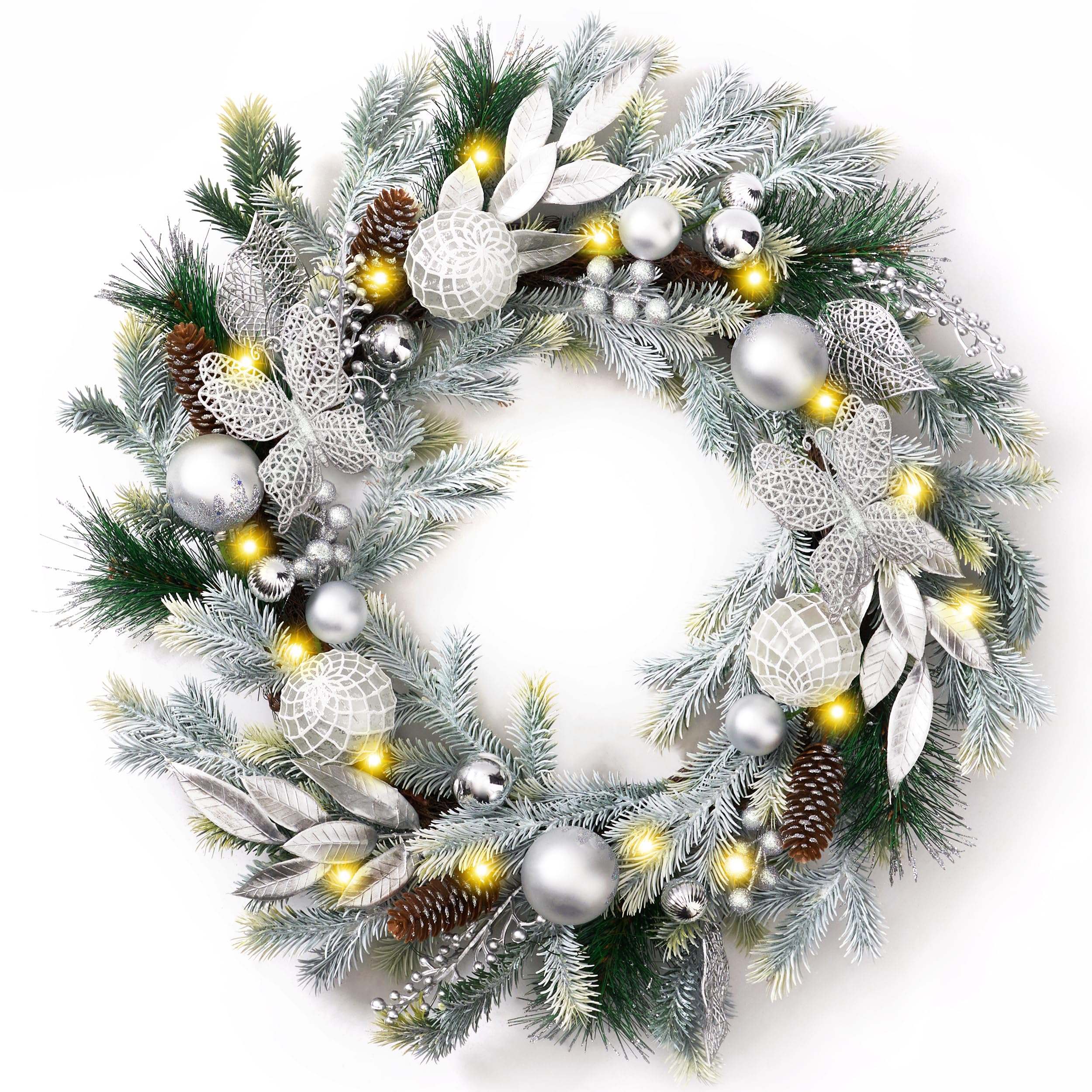 Decorbyhannah Corona de Navidad, coronas de Navidad de 24 pulgadas para puerta delantera con luces, arrecife plegable artificial para interiores y exteriores con adornos de piña de bayas para ventana