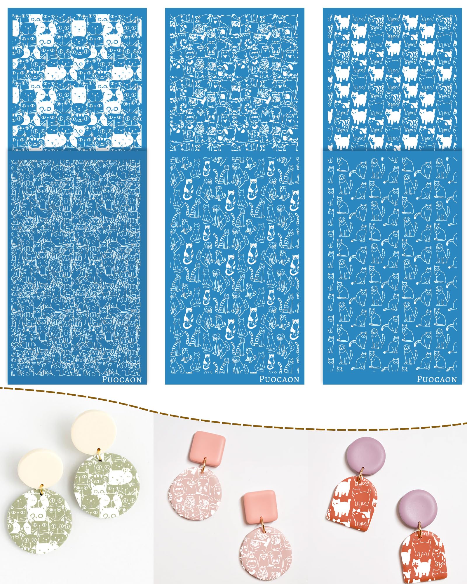 Puocaon Cats Clay Silkscreen Stencils - 6 Pcs Cute Animal Kittens Polymer Clay Silk Screen Stencils for Earrings, Black Cat Polymer Clay Earrings Jewelry Design