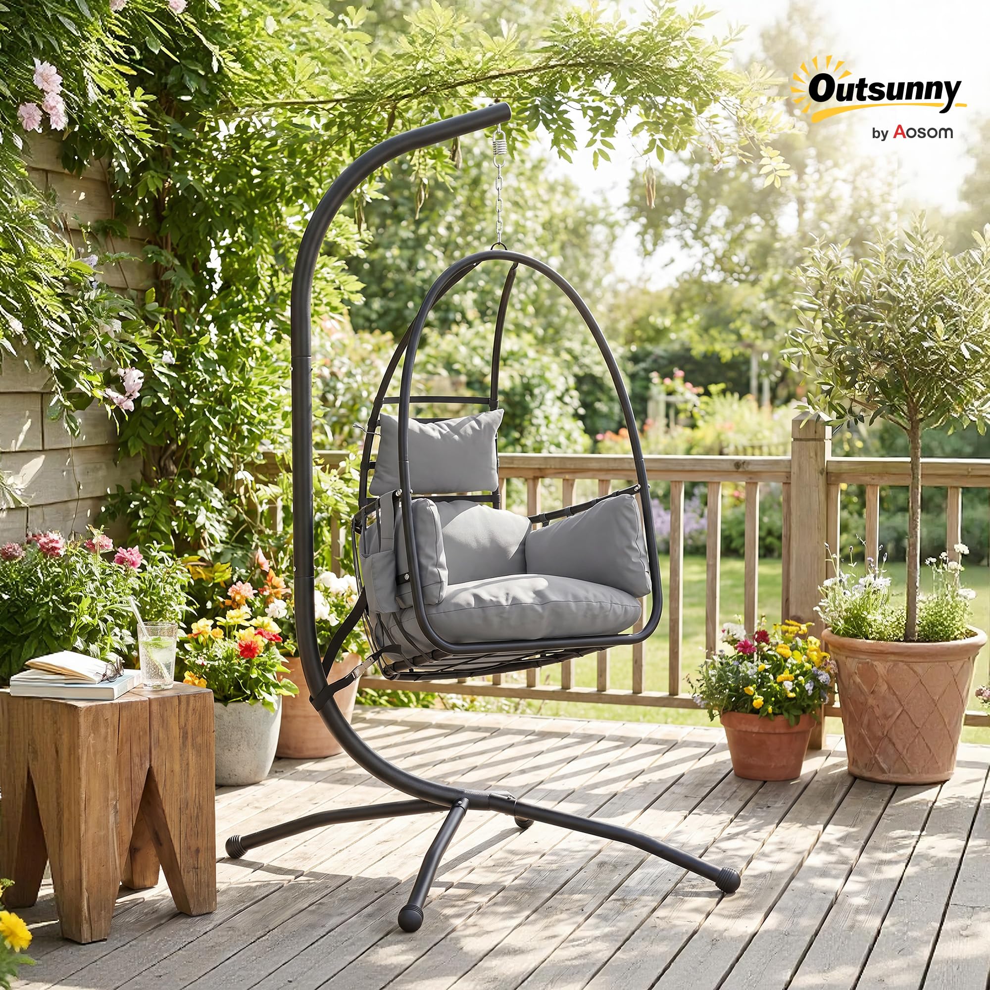 Outsunny Silla Colgante Huevo con Soporte, Sillón 120 kg Gris Oscuro | Cesta Plegable, Reposacabezas, Cojín, Bolsillo Lateral, Jardín, Interior, Exterior