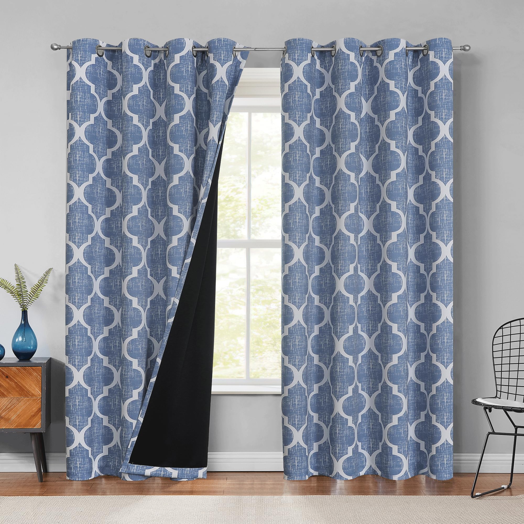 Beauoop 100% Blackout Curtains 84 Inches Long 2 Panels for Bedroom Living Room Blue Moroccan Geo Room Darkening Thermal Insulated Soundproof Grommet
