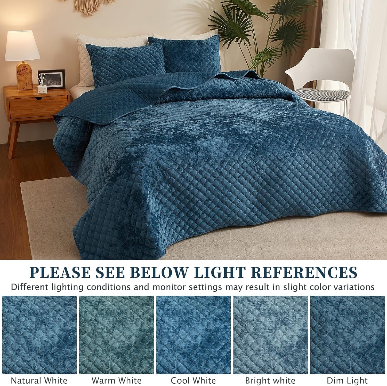 Velvet Quilt Queen Comforter Set - Luxury Soft Velvet Bedding Set for All Season, Bedspreads Queen Size Lightweight Quilt with 2 Pillow Shams, Teal Blue, Diamond - Image 6