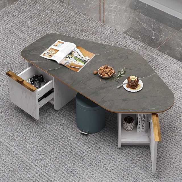 Pmnianhua Coffee Table, Modern Tea Table Home Furniture Sofa Coffee Table with Drawer and Door, Large Hidden Storage Oval Sofa End Tables for Living Room & Office (Faux Marble/Dark Grey/120cm)