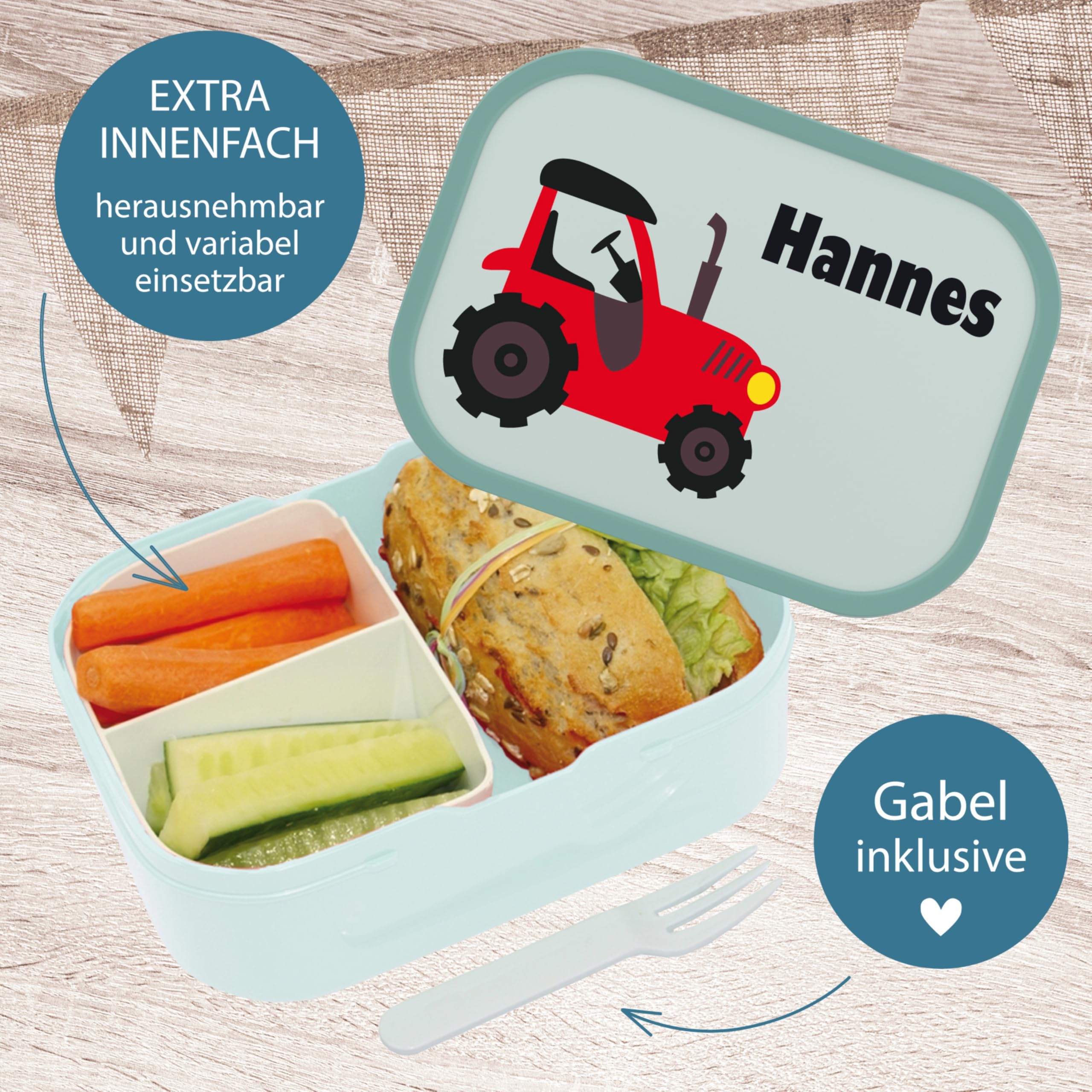 4youDesign SET: türkise Brotdose mit Fächern &Trinkflasche -Trecker- personalisiert mit Namen I Campus mit Bento-Box & Gabel für Jungen & Mädchen, Traktor (Cool Mint)