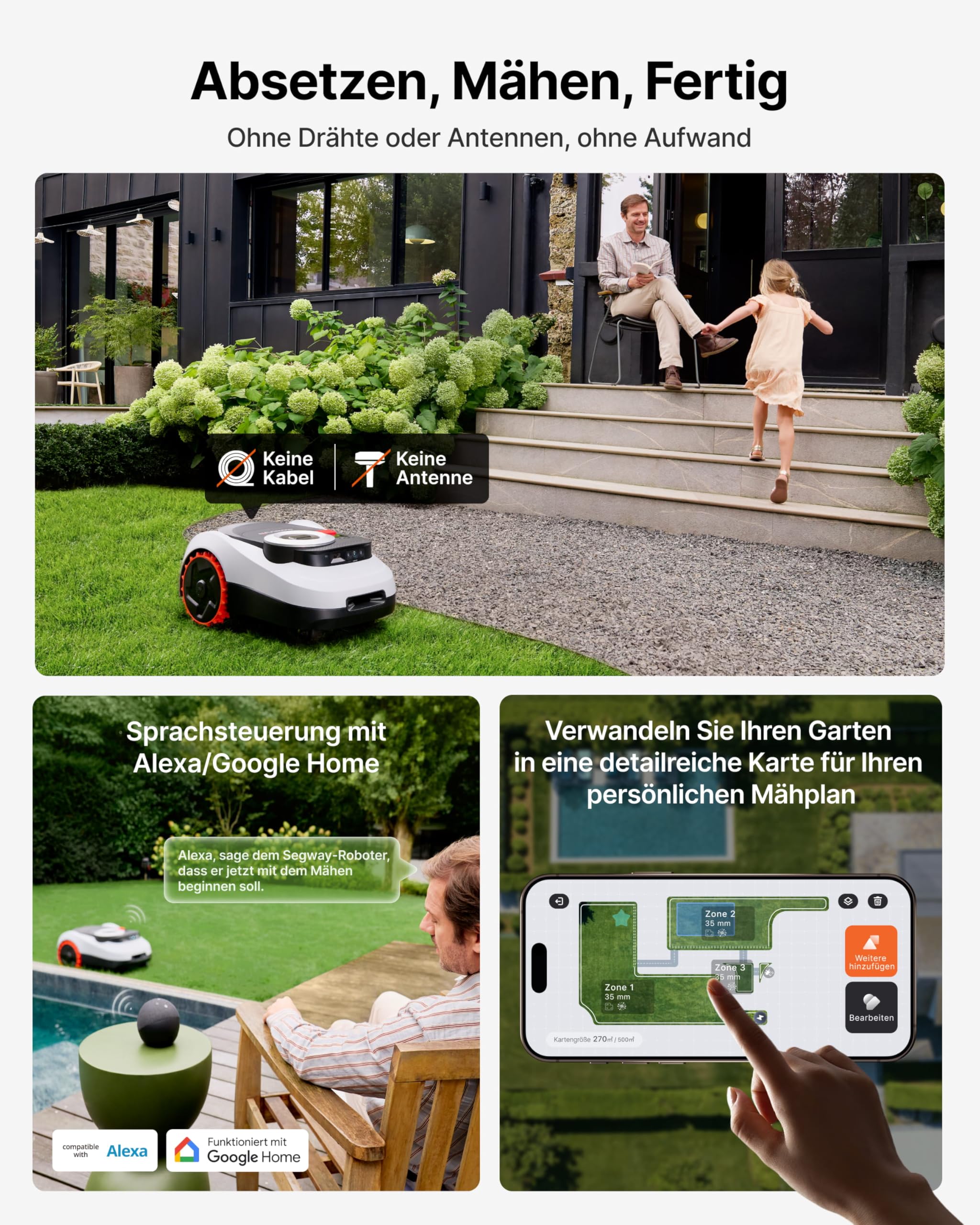 Segway Navimow i220 LiDAR Mähroboter ohne Begrenzungskabel mit Garage M(Getrennter Versand), für 2000 m², bis 45% Steigung, Solid-State LiDAR+Vision, Automatisches Kartieren, int. 4G, Ohne Antenne