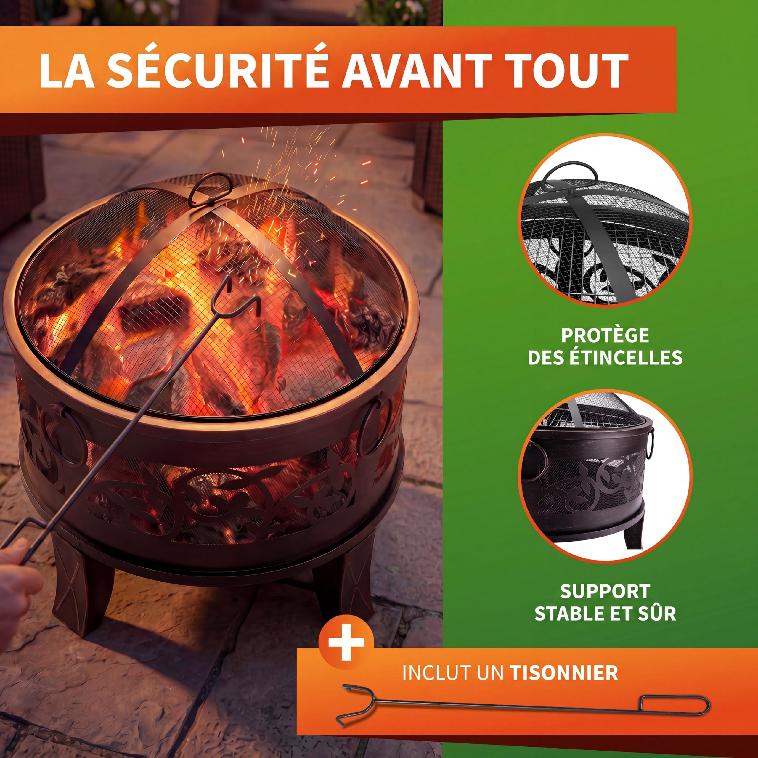 GARDEBRUK® Brasero Rond Ø67 cm en Acier Imitation Rouille Protection Anti-Étincelles Jardin Terrasse Cheminée d'Extérieur